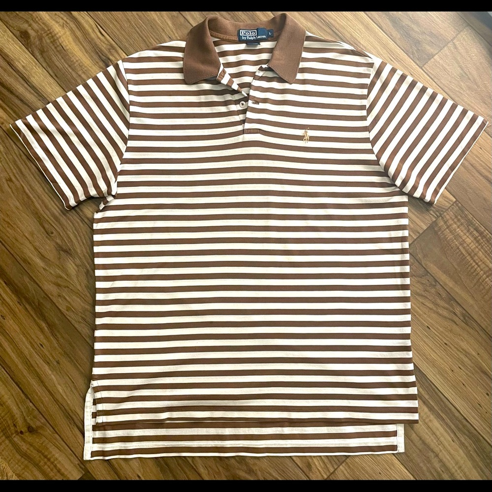Men’s Large Ralph Lauren Polo brown/ivory tan stripe casual shirt